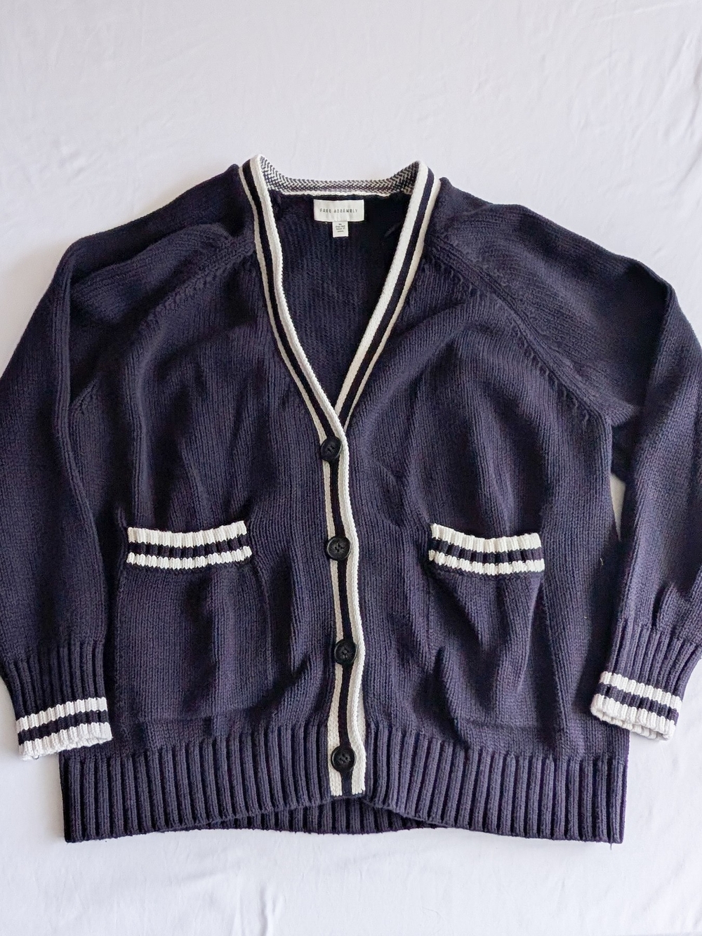 Free Assembly Button Up Blue And White Preppy Button Cardigan Sweater XL Women's